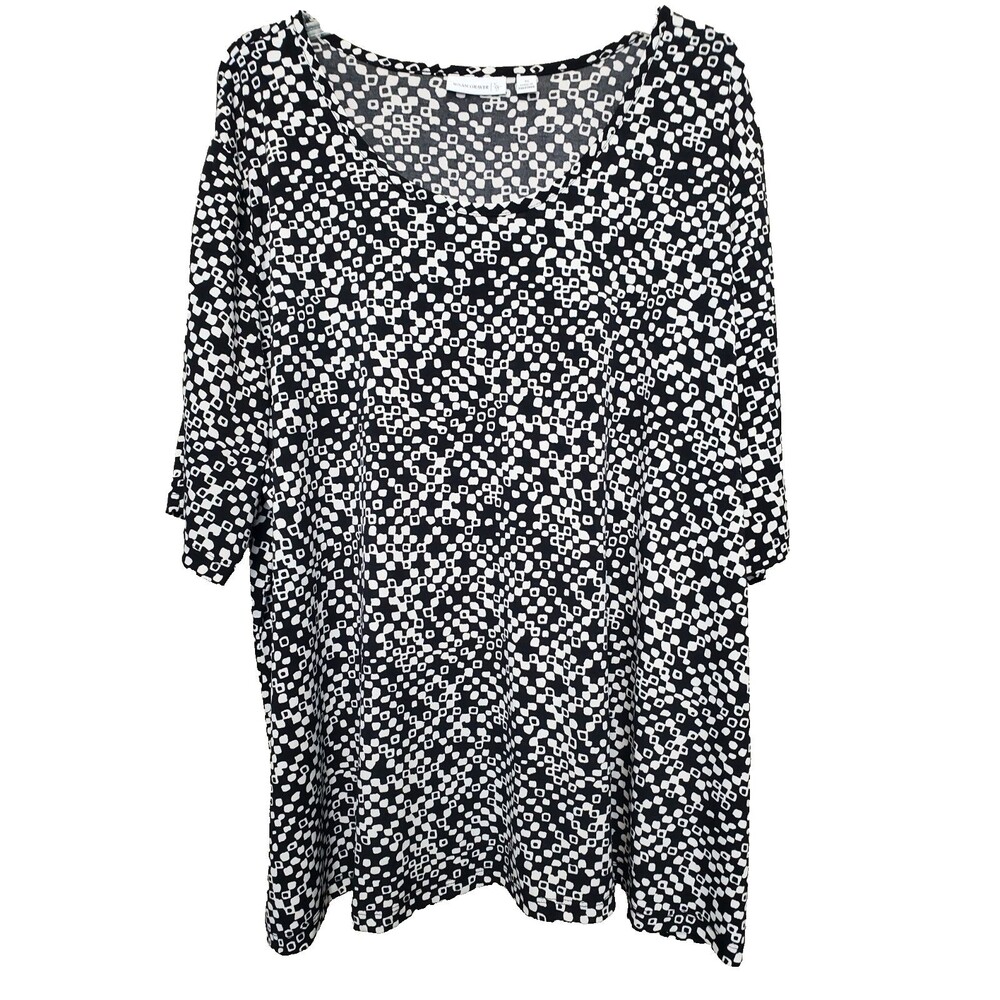 Susan Graver Black White Geometric Print LiquidKnit Short Sleeve Tunic Size 3X